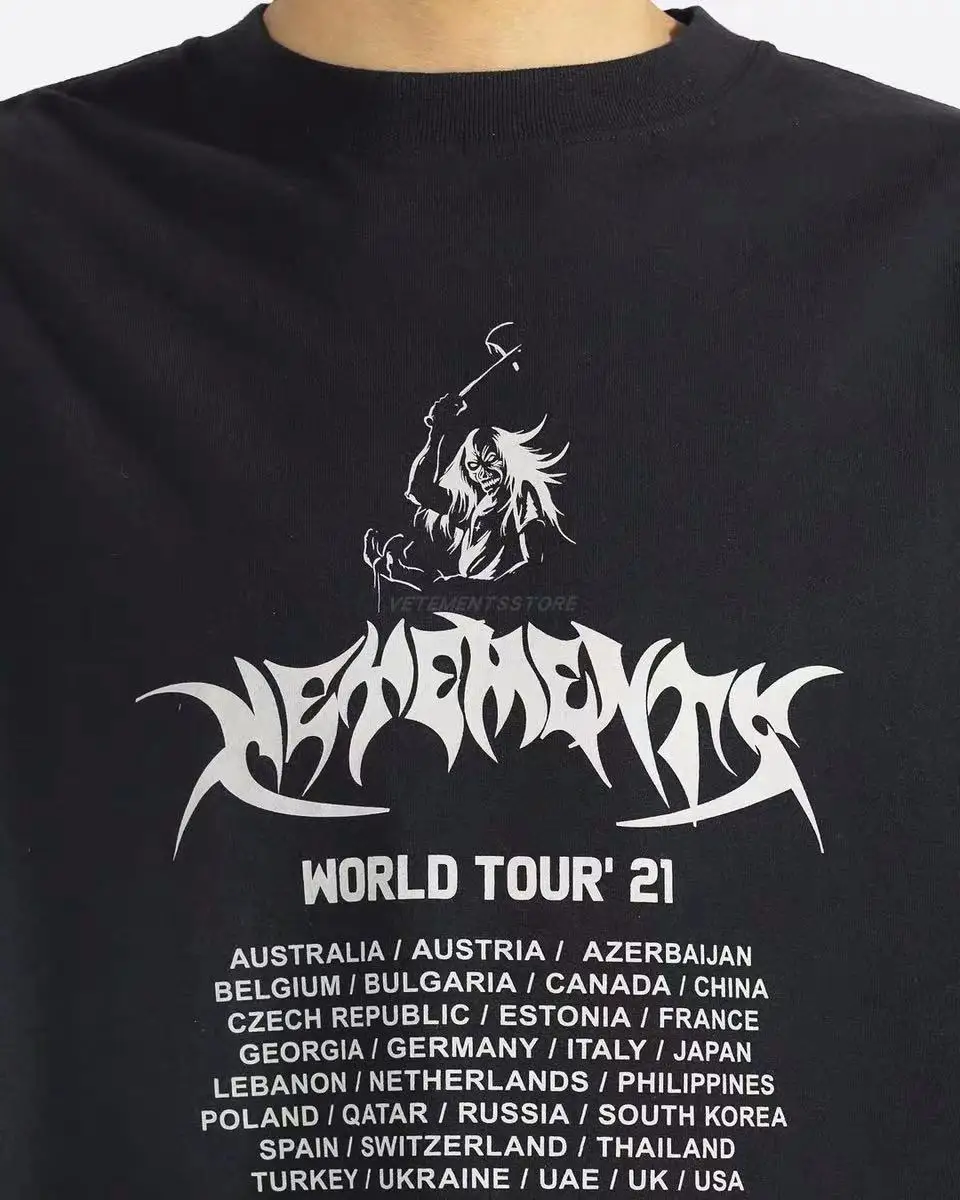 

Vetements WORLD New TOUR'21 T-Shirt Hip-Hop Skull Sanskrit Printing T-Shirts Men Women Black Oversize VTM Short Sleeve Tops Tee