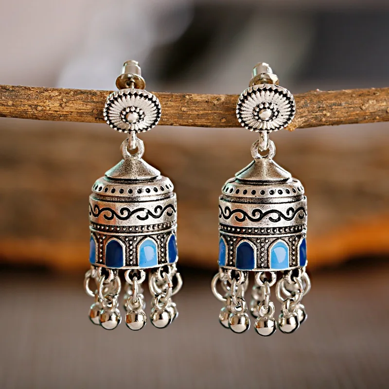 

2020 Womens Indian Jhumka Jhumki Jewelry Ethnic Retro Bollywood Oxidized Small Bell Tassel Blue Carved Dangle Earrings For Women