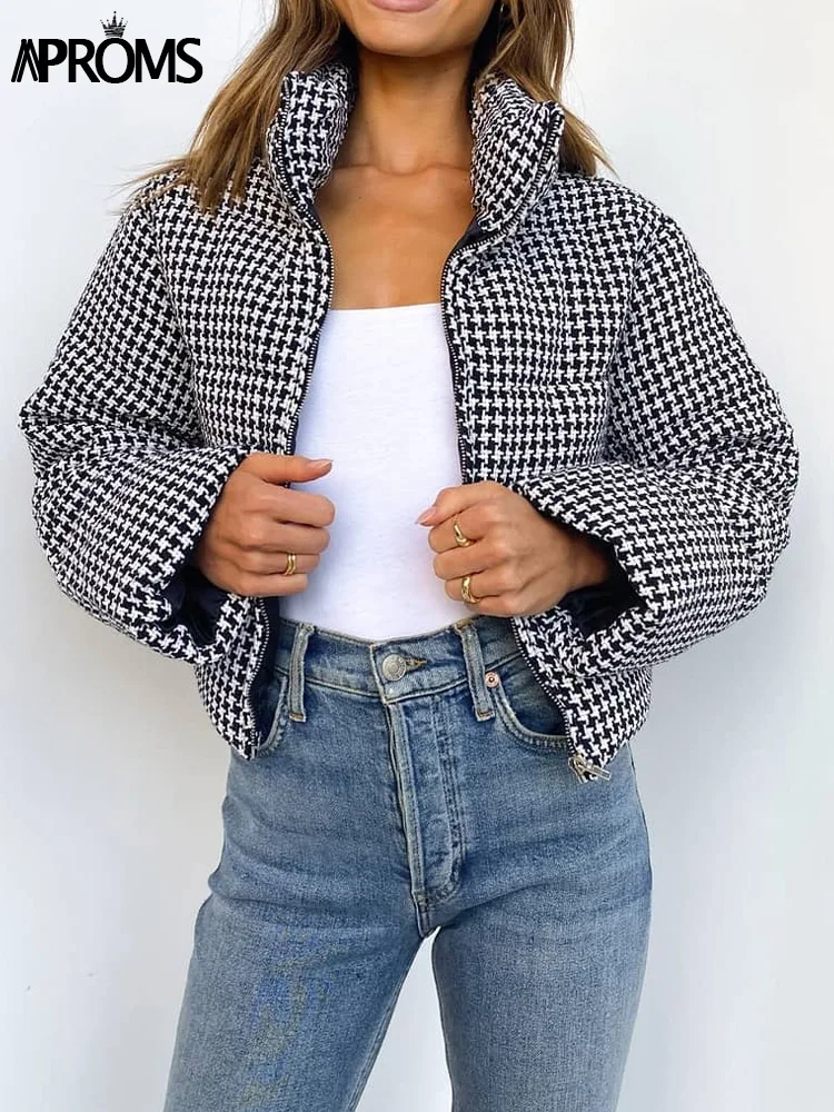 

Aproms Elegant Black White Plaid Cropped Parkas Women 2021 Winter High Neck Puffer Jacket Thick Coat Warm Padded Short Outerwear