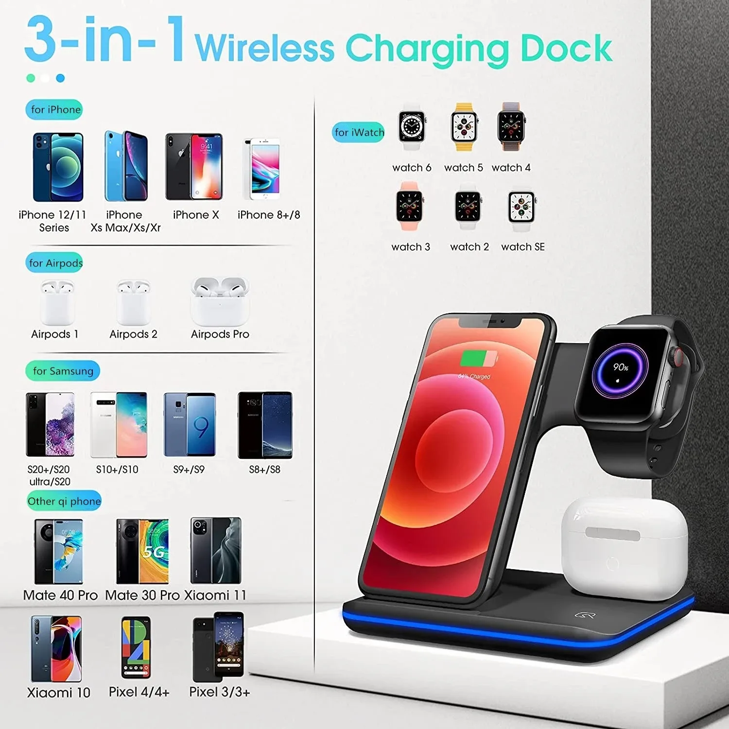 qi wireless charger stand 3 in 1 fast 15w charging station dock for apple watch 6 airpods pro iphone 13 12 11 xr x 8 samsung s21 free global shipping