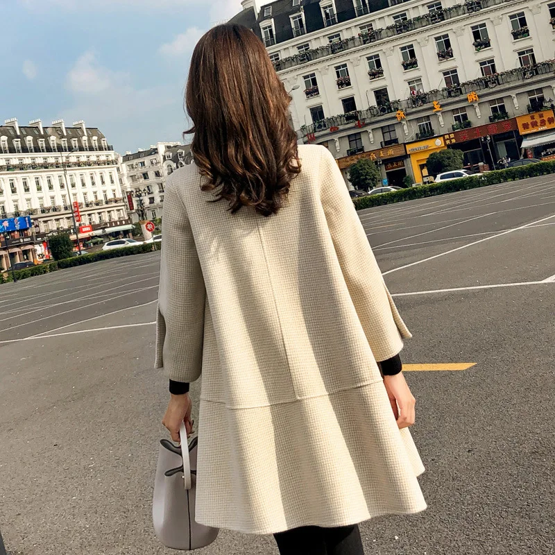 

Splicing Stand Collar Single-Breasted Seven-Point Sleeves Fresh And Lovely Long Cloak Wool Coat 2020 Autumn New Korean Women'S