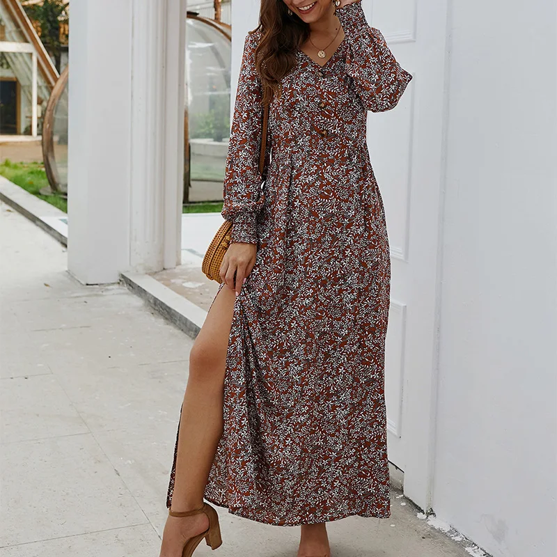 Винтажное платье макси с цветочным принтом летнее ТРАПЕЦИЕВИДНОЕ ПЛАТЬЕ высокой