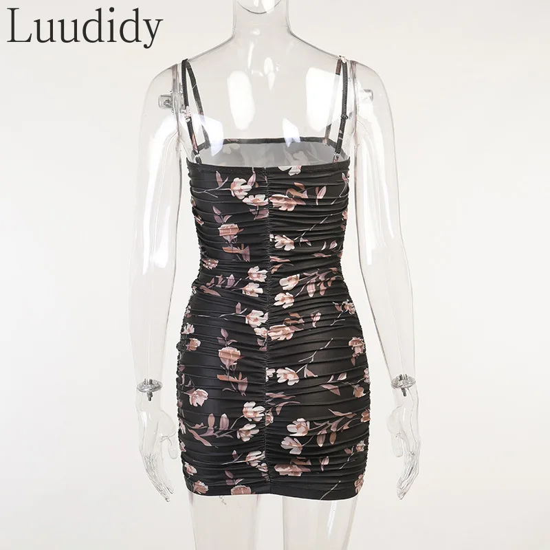 

Women Floral Print Spaghetti Strap Ruched Sleeveless Bodycon Dress