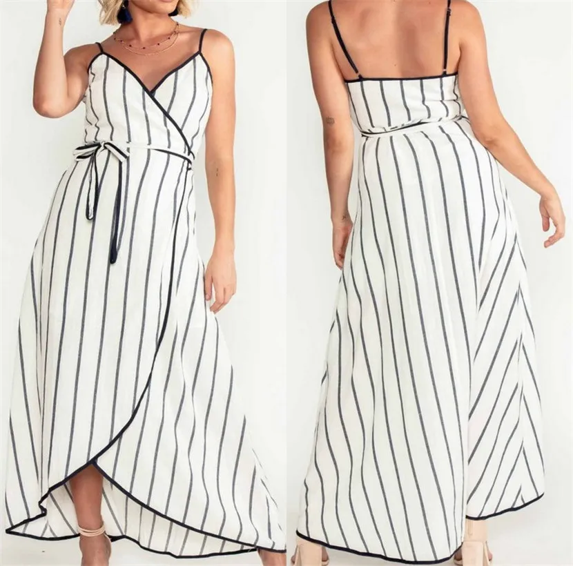 

Классическое модное платье в полоску с V-образным вырезом, простое атмосферное платье на бретельках с регулируемым асимметричным подолом, у...