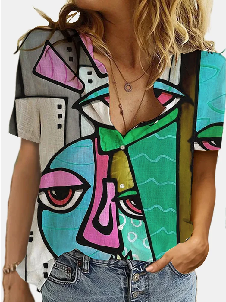 

Fashion Geometry 3D Print Summer Shirt Women Lapel Short Sleeve Button Lady Office Shirt Female Streetwear Geometry Blouses 2XL