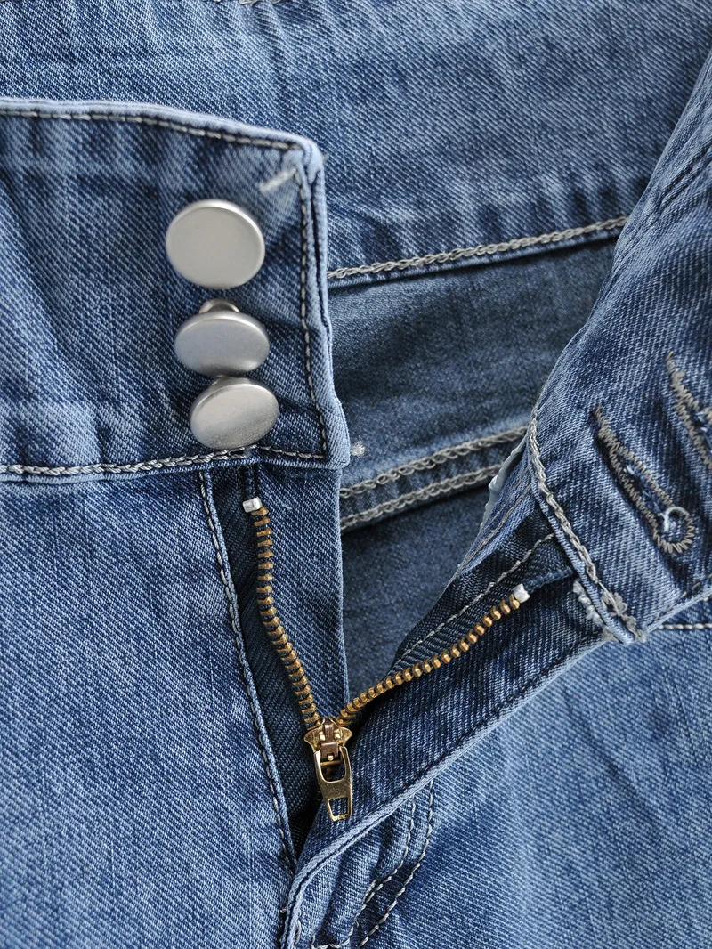 

European and American Women's New High-waisted Three-grain Buckle Thin Denim Broad-legged Pants(Large size to XXL)