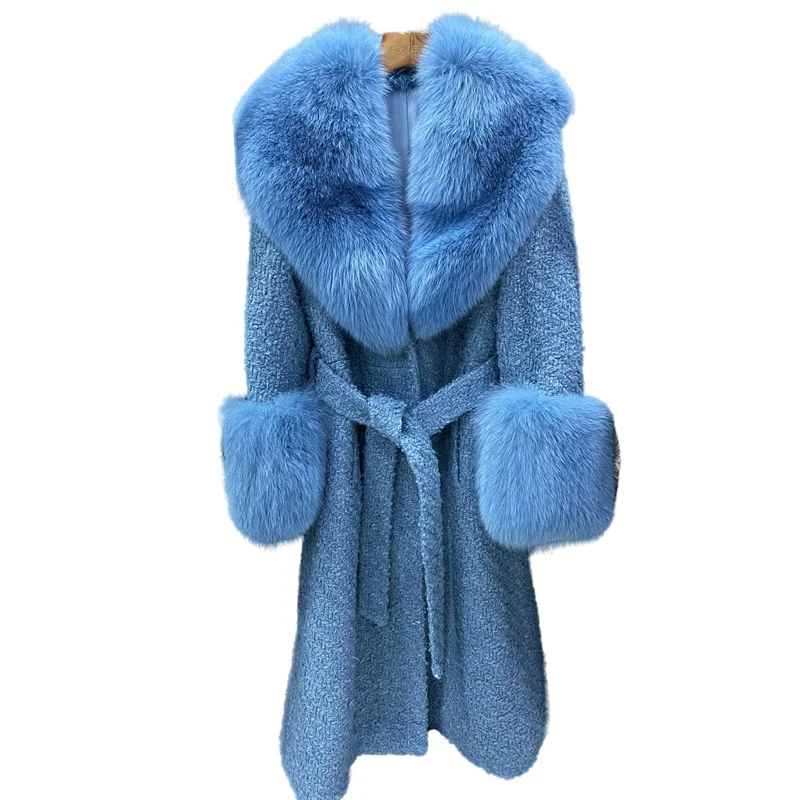 2022 Luxury Thick Women Winter Coat With Big Real Fox Fur Collar Cuff Long Slim Sheep Wool Blend Jacket Belt Woolen Overcoat enlarge