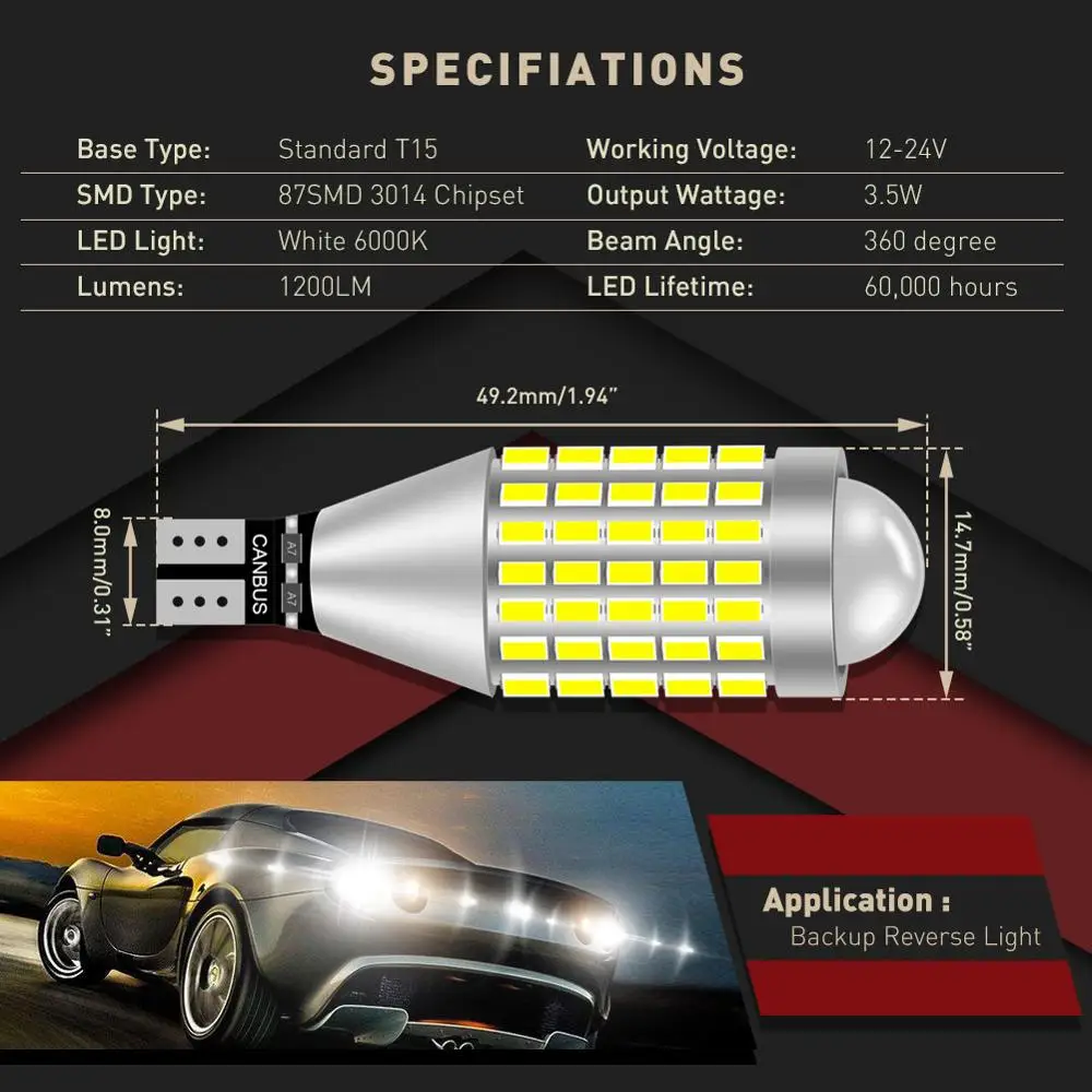 2 шт. T15 W16W Led 3014 87SMD CANBUS без ошибок для ширины боковых габаритных огней лампа