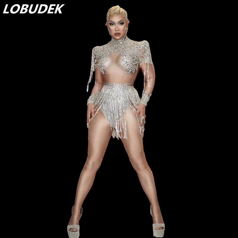 Серебряные блестки кисточки телесного цвета спандекс боди с длинным рукавом