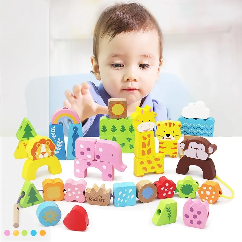 

35Pcs Animal and Number Car Lacing Beads Blocks Toy Montessori Educational Wooden Toys Learning