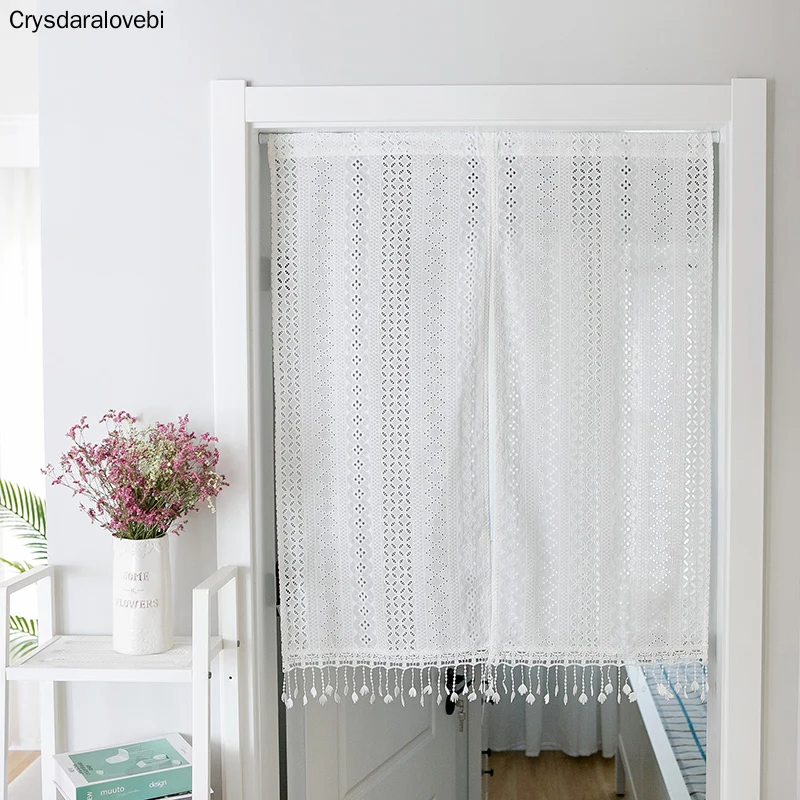 

100% Cotton Curtains Door Curtain home decor Cortina Crochet Lace Curtain With tassel White Kitchen Curtain Blinds decorative