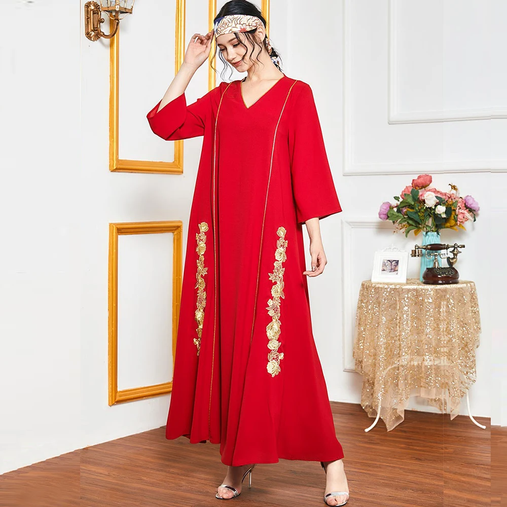 Женское вечернее платье Siskakia длинное красного цвета с вышивкой Золотой розы