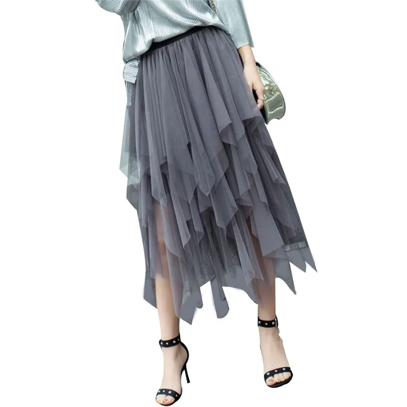 

2020 Summer Women Summer Tulle Solid Mesh Asymmetrical Skirt Elastic High Waist Layers Pleated Midi Long Skirt