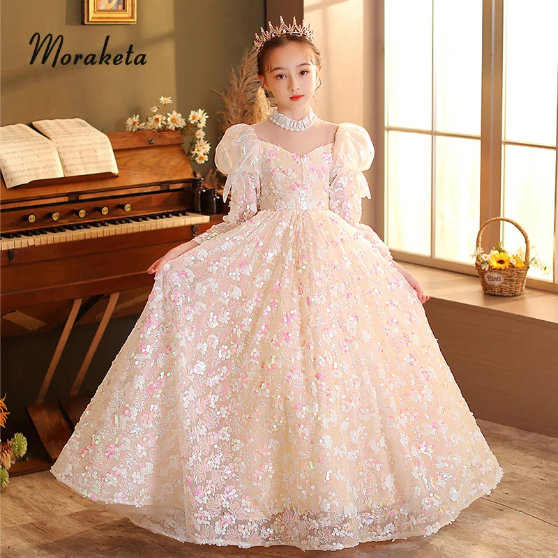 

Luxury Children Birthday Dresses Princess Ball Gown Floor-Length Sequined Lace Long Girl's Piano Recital Dresses