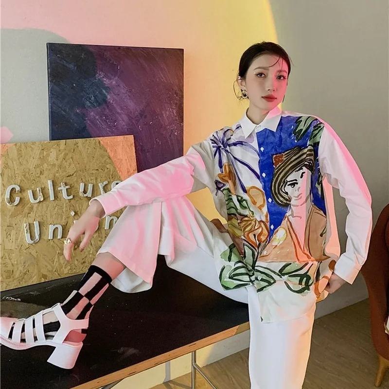 

Korejepo Women Blouse 2021 Summer Retro Casual Character Hand-painted Print Turn-down Collar Long-sleeved Short-sleeved Shirt