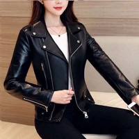 nic women winter autumn black pu leather slim zipper solid coat turn down collar female punk outwear ladies biker moto jackets