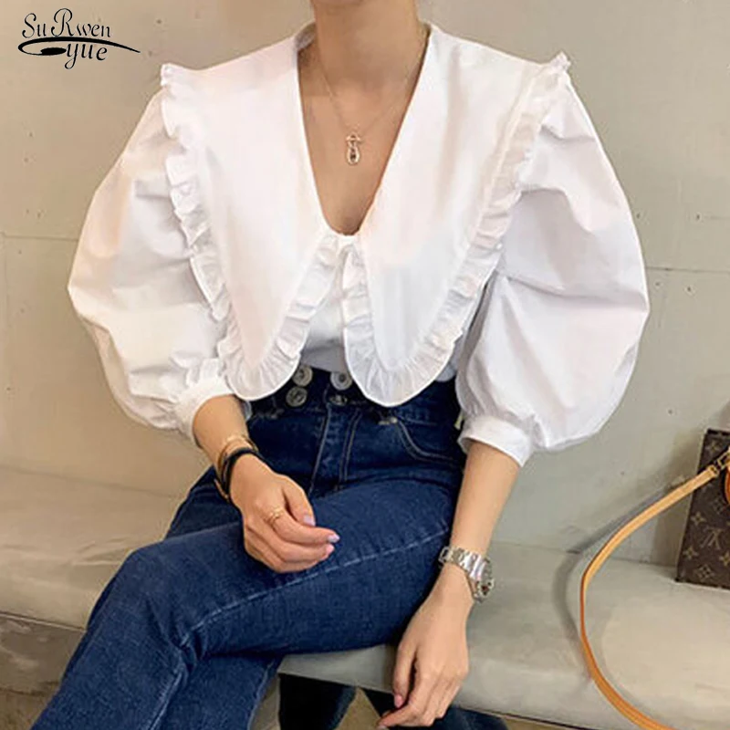 

Sweet Puff Short Sleeve New Fashion Tops White Blouse Korean Chic Peter Pan Collar Ruffled Top Women Loose Shirts Blusas 14253