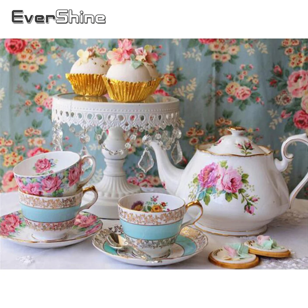 

Evershine Diamond Painting Landscape Kitchenware Rhinestone Picture Diamond Embroidery Cross Stitch Tea Set Scenery Home Decor