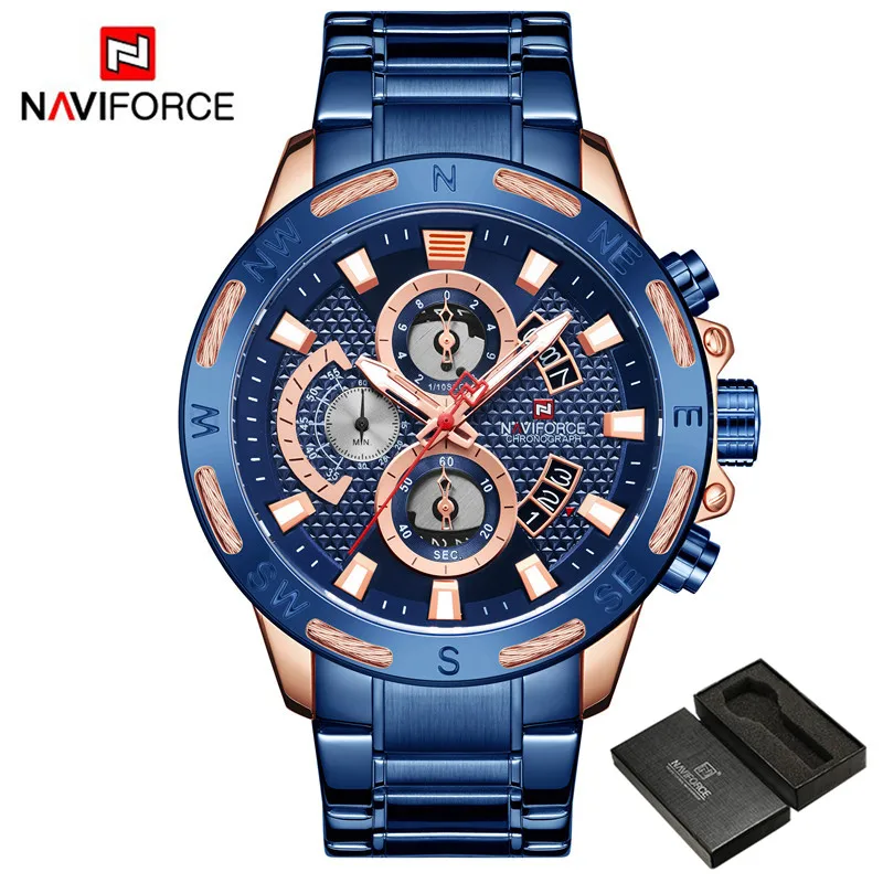 NA916501 with box NAVIFORCE мужские часы Спортивные Хронограф Бизнес Мужские наручные часы лучший бренд класса люкс Военная нержавеющая сталь кварцевые мужские часы 9165 - Цвет: NA916501 with box