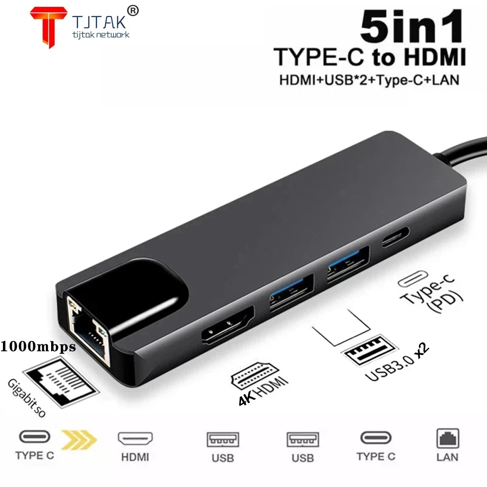 

USB C Hub Adapter 5-in-1 USB C Hub Ethernet, USB-C Multiport Adapter with 4K HDMI, Ethernet Input, 2USB 3.0 Ports, USB C PD Char