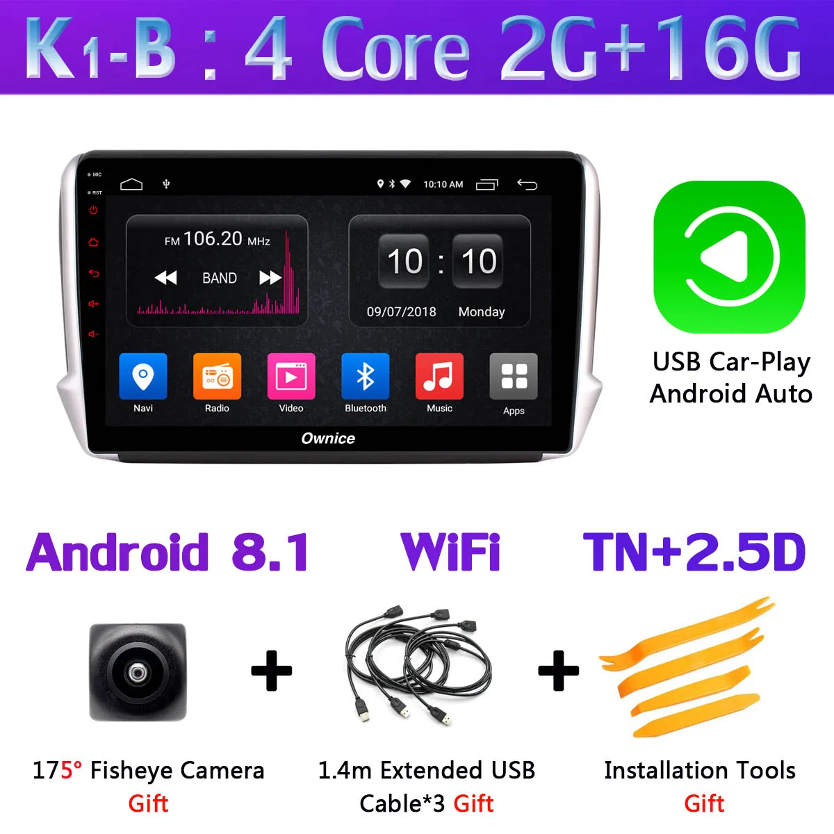1din 360 ° панорамная камера 4G SIM WiFi Android 9,0 4 Гб+ 64 Гб DSP CarPlay Автомобильный плеер для peugeot 2008 208- gps радио - Цвет: K1-B-CarPlay