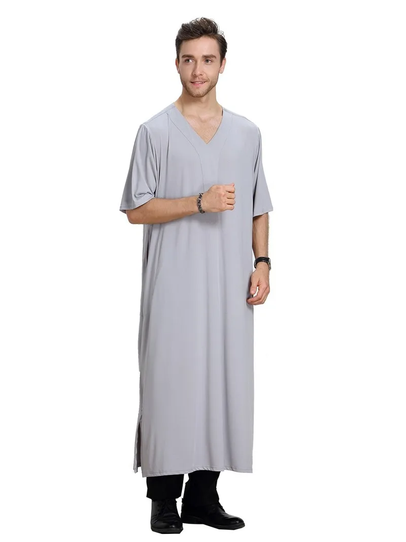 Casual Islamic Men's Clothing Abaya Robe Muslim Jubba Thobe Short Sleeve Loose Shirt Jilbab Moslem Middle East Kaftan Dubai Arab