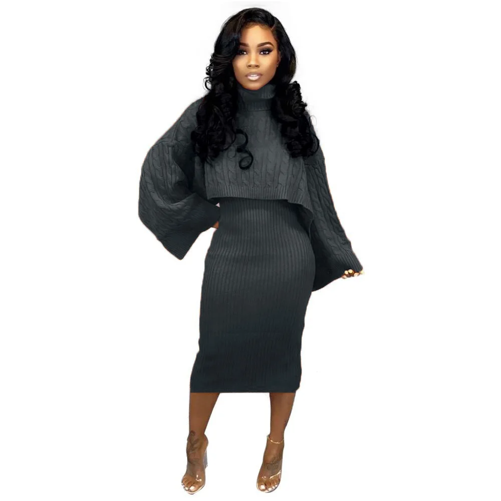 Dark grey Autumn Winter Knitted Sweater Two Piece Set Turtleneck Long Sleeve Loose Crop Top+ Bandage Midi Tank Dress Plus Size Tracksuit - Цвет: Dark grey