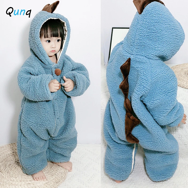 

Qunq Dinosaur Baby Romper Thick Warm Fall Winter Newborn Girls Jumpsuits Hooded Solid Color Infant Boys Overalls Clothing
