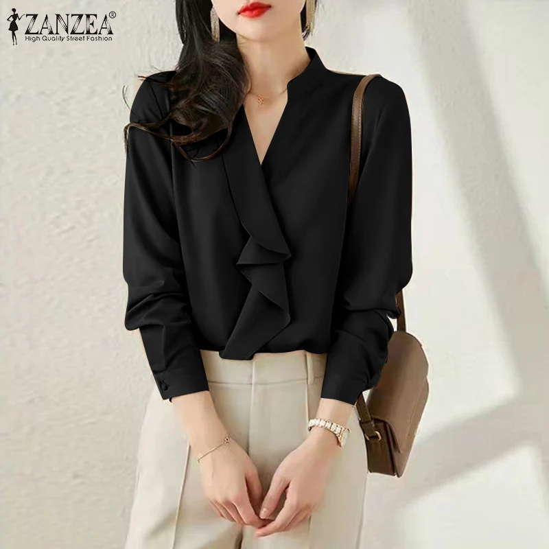 

ZANZEA Elegant Femme Autumn Work Ruffle Blusa Long Sleeve Solid Blouse Party Tunic OL Top Chemise Women Casual Loose VNeck Shirt