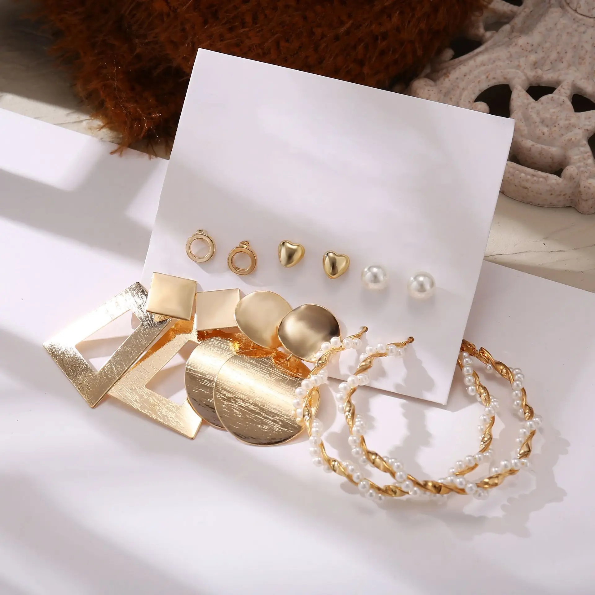 

6 Pairs Boho Vintage Mash Up Geometric Metal Earring Sets Gold For Women Trendy Exaggerated Twist Pearls Hoop Earrings Jewelry