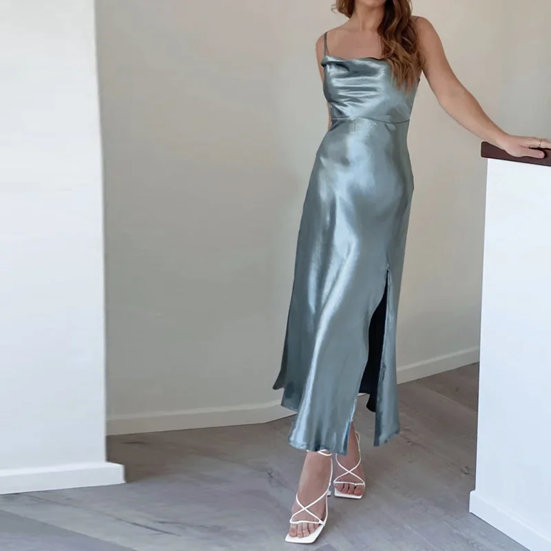 

Sylph Elegant Dresses For Women Satin Fashion Solid Party Dress Sexy Skinny Slit Halter Vestidos Temperament Female Clothing
