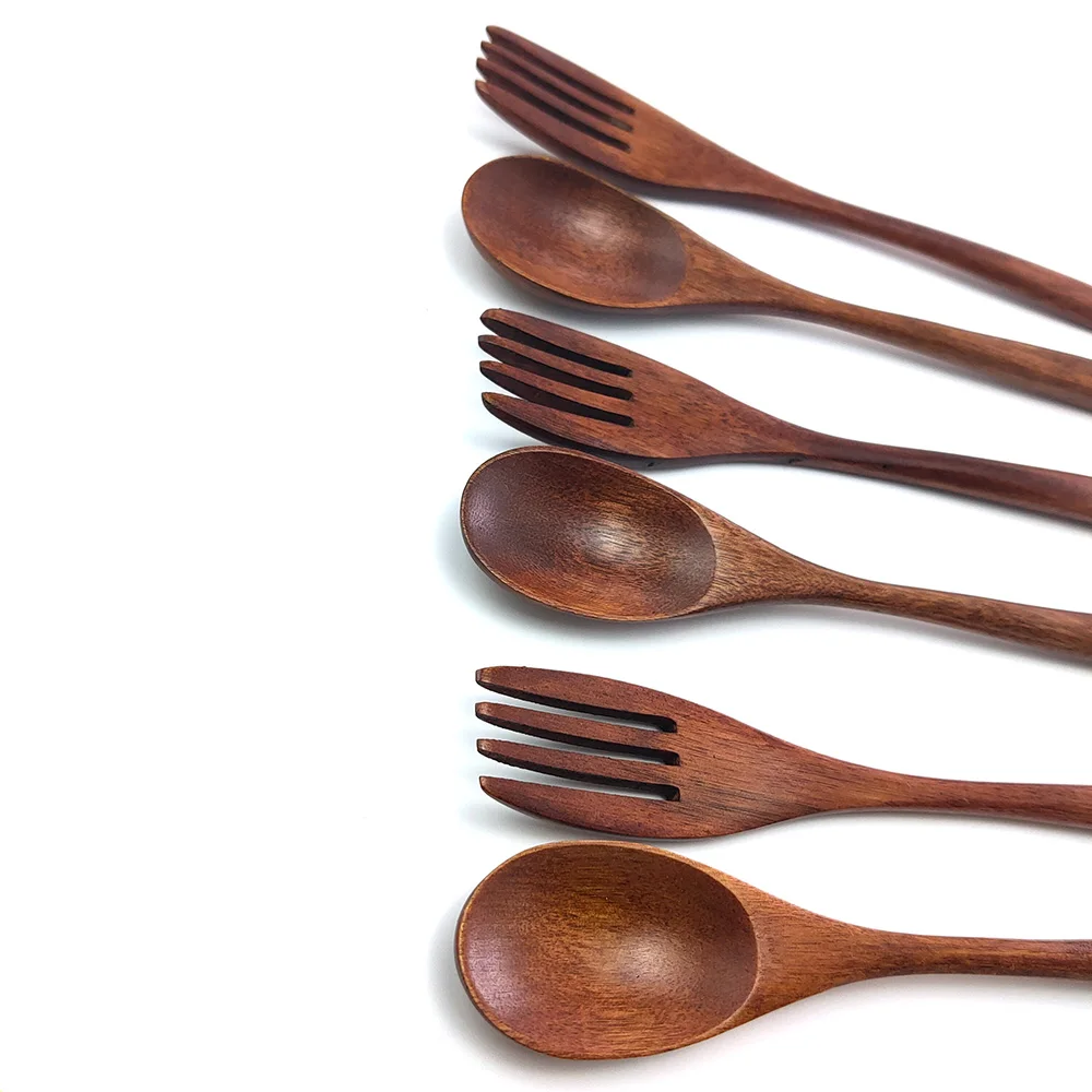 

Natural Wooden Spoon and Fork Set Kitchen Cutlery Food Salad Fruit Tableware Handmade Fork Spoon Set Camping Outdoor for Cooking