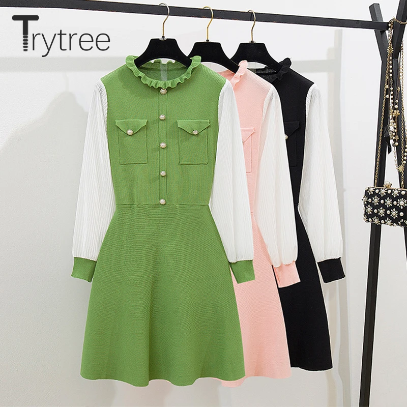 Trytree осенне-зимнее платье женское Повседневное с круглым вырезом и оборками