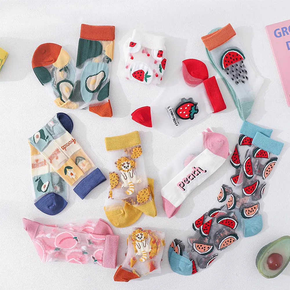 

Women Socks Japanese Korea Style Casual Creative Transparent Crystal Silk Trend Cartoon Fruit Ultrathin Glass Silk Socks Meias