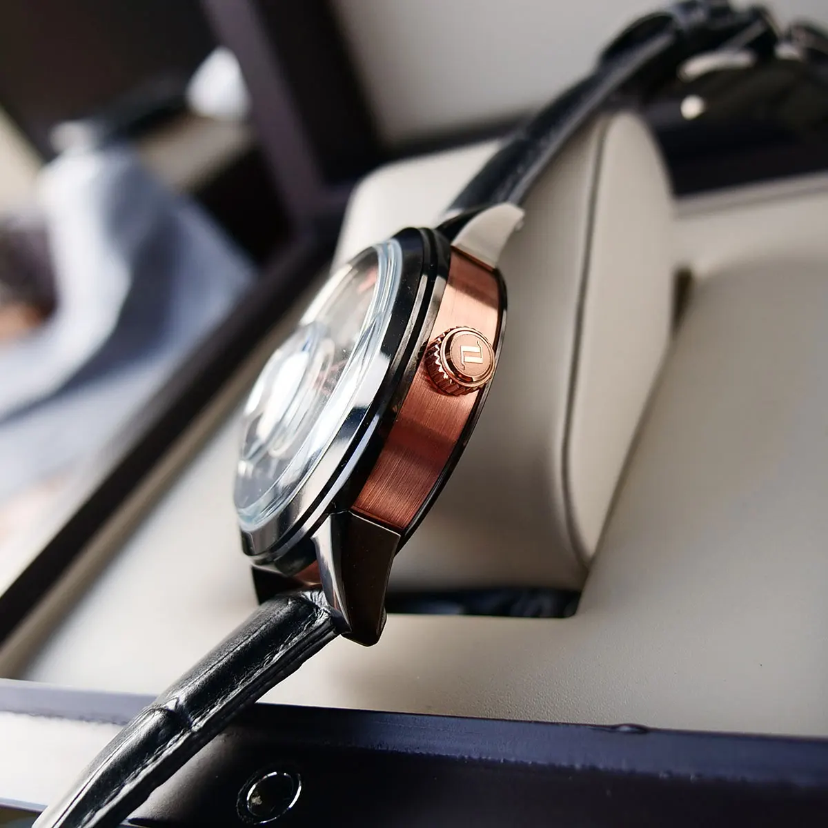 

OBLVLO Designer Fashion Watches For Men Skeleton Dial Black Steel Automatic Self-Wind Watches Genuine Leather Strap VM 1