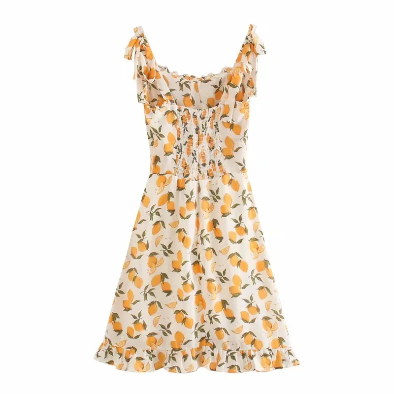 2020 French style Orange Print Women Dress Bodycon Tie Bow Strap Sleeveless Mini Sexy Beach Party Vintage | Женская одежда