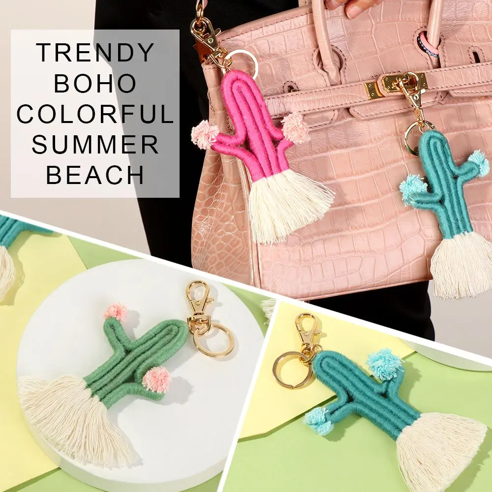 

Gift New Car Key Holder BOHO Hand Made Women Trendy Tassel Cactus Keyring Bohemia Cactus Key Chain