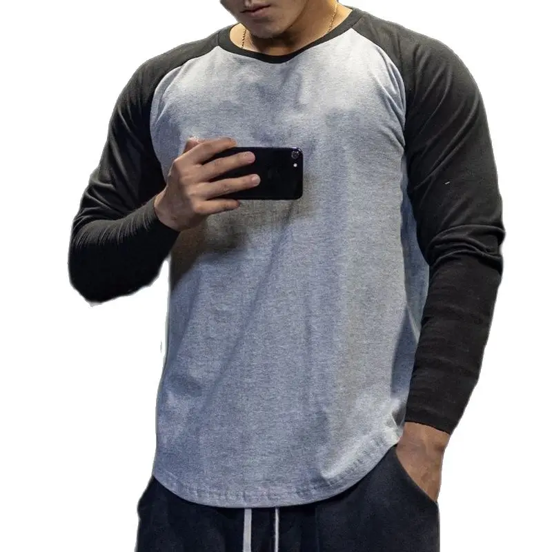 

Summer men' color matching casual long-sleeved T-shirt men's round neck fitness breathable trend top solid color bottoming shirt