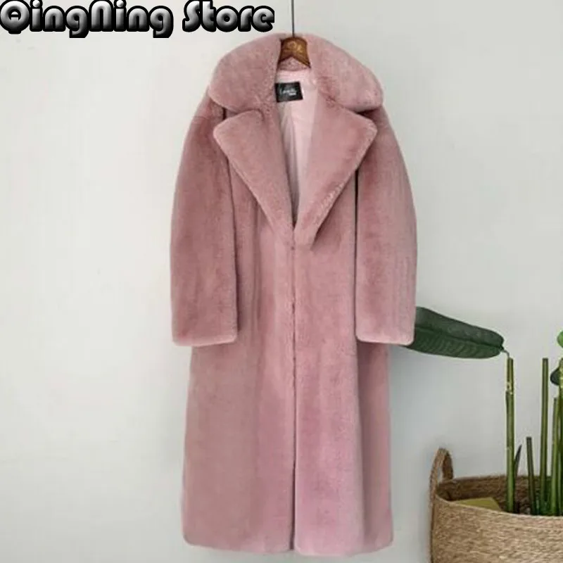 

Новинка 2021, Женское зимнее теплое пальто из искусственного меха, плотное женское длинное пальто, женское теплое пальто с отложным воротнико...