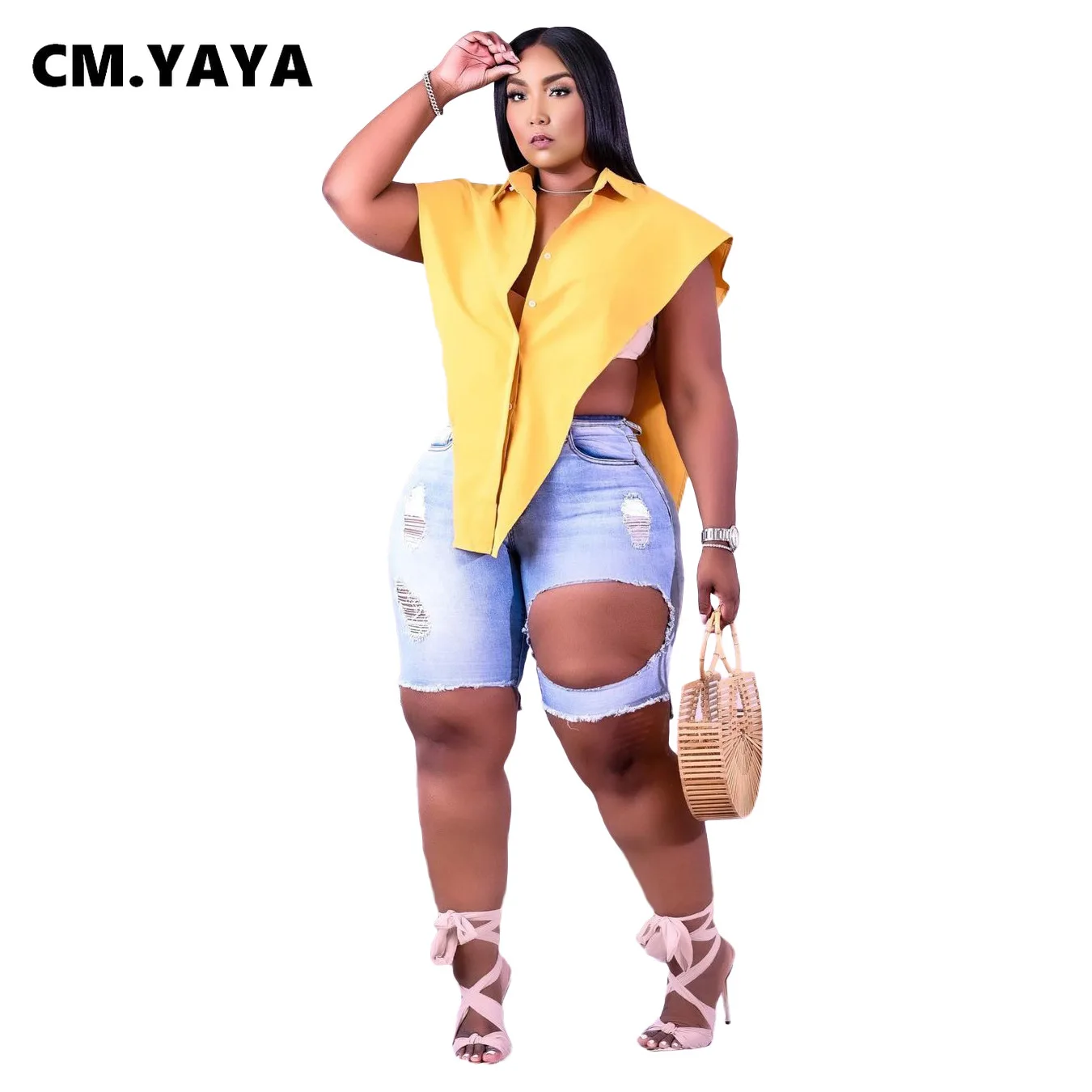 

Женские рваные джинсовые шорты CM.YAYA, однотонные рваные джинсовые шорты на молнии с карманами, уличная одежда большого размера, на лето