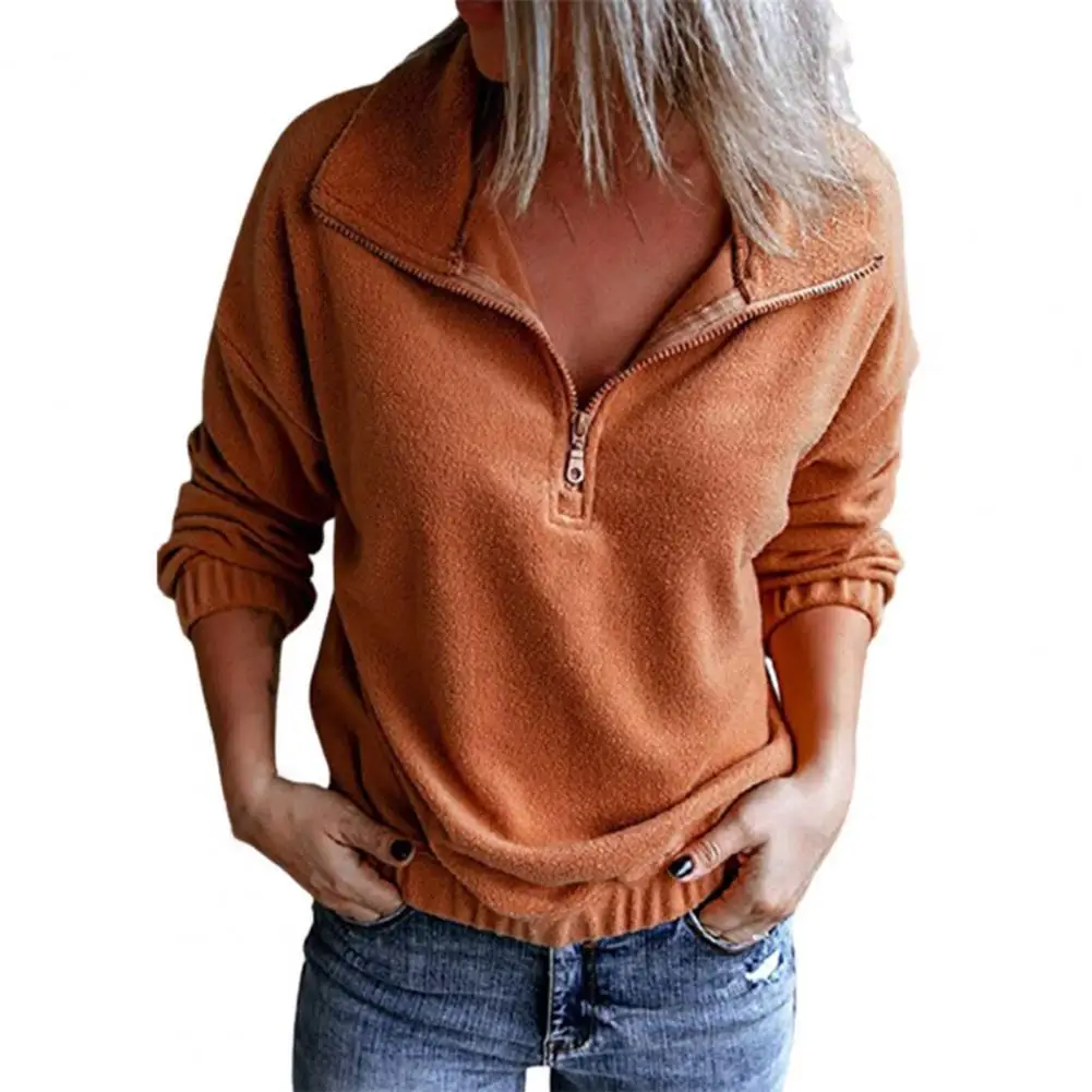 

Casual Women Sweatshirt Solid Color Half Open Autumn Winter Elastic Cuff Bottom Sweatshirt Pullover Top for Daily Wear
