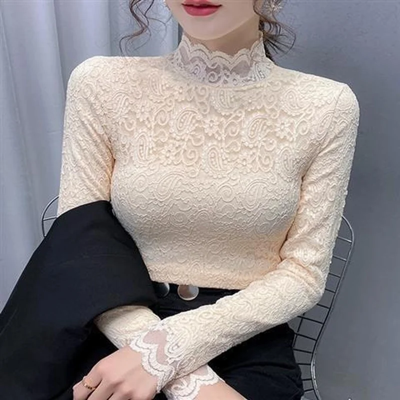 

Long Sleeve Stand Collar Hollow Out Flower Lace Solid Elegant Shirt Femme Blusas All-match Women Lace Blouse Button Tops Blouses