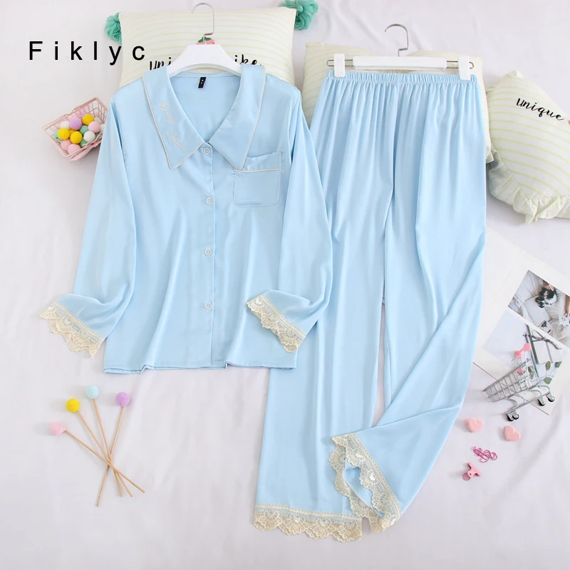 

Женский костюм для сна Fiklyc с французским воротником, кружевные брюки с вырезом на рукавах, осенняя новая одежда, атласные пижамные комплект...