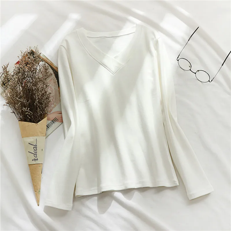 Осенне зимняя тонкая флисовая футболка Женская хлопковая пуловер с длинным