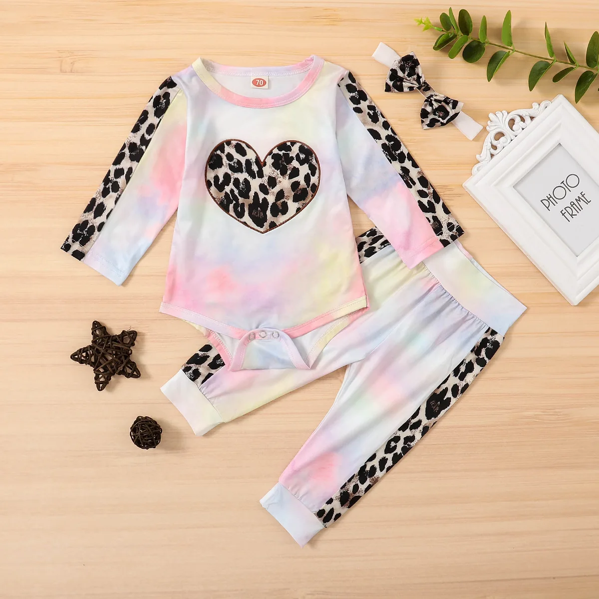 

kids baby girls autumn clothing leopard love patchwork bodysuits+long mid waist pants+headbands toddler clothes sets 3pcs 0-24M