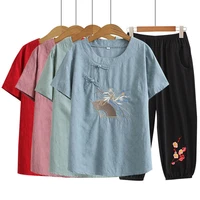large size short sleeve embroidery suit t shirt women s mom clothing ethnic style fashion slimming loose capri pants