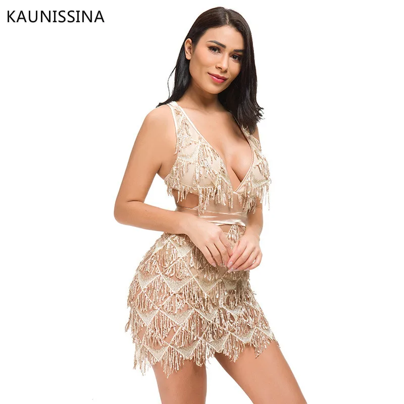 KAUNISSINA Блестками Bodycon Коктейльные мини платья Глубокий v образный вырез спинки