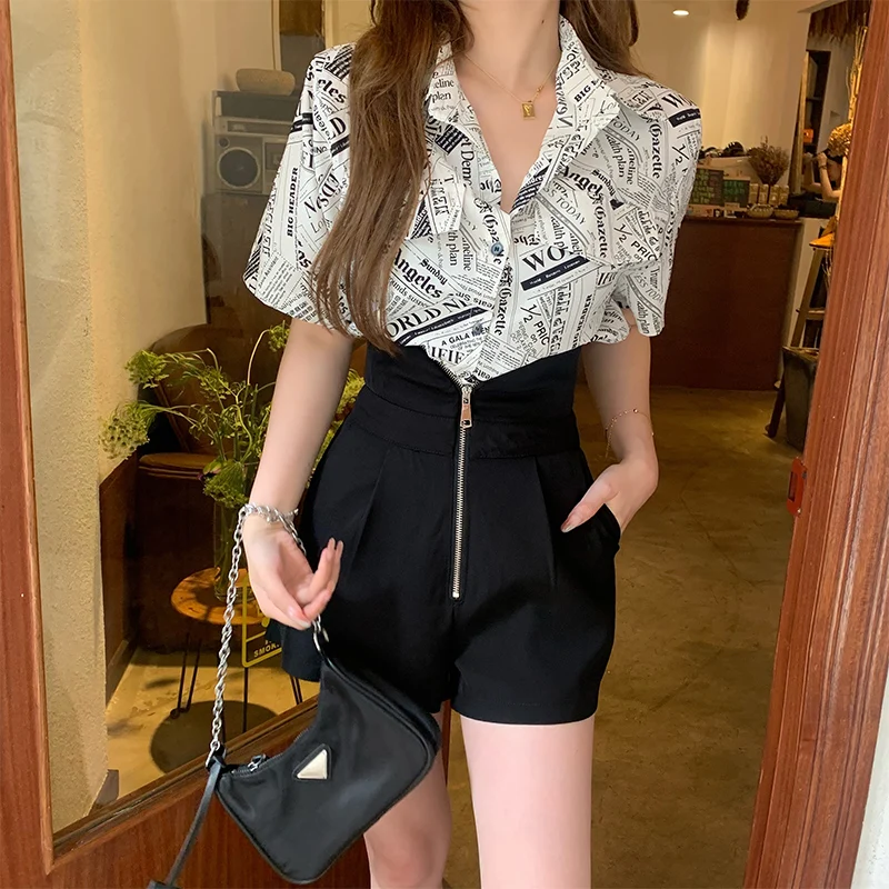 

2020 Summer Casual Retro Shirt Shorts Suits Women short Sleeve Tops+High Waist Wide leg Shorts 2 Piece sets