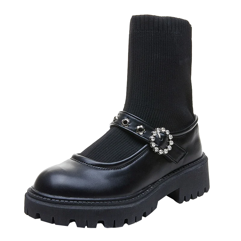 

Women's Mary Jane Sock Boots Rhinestone Leather Shoes Winter Casual Booties Snow Slip on Ankle Black Chelsea Short Martin Boots