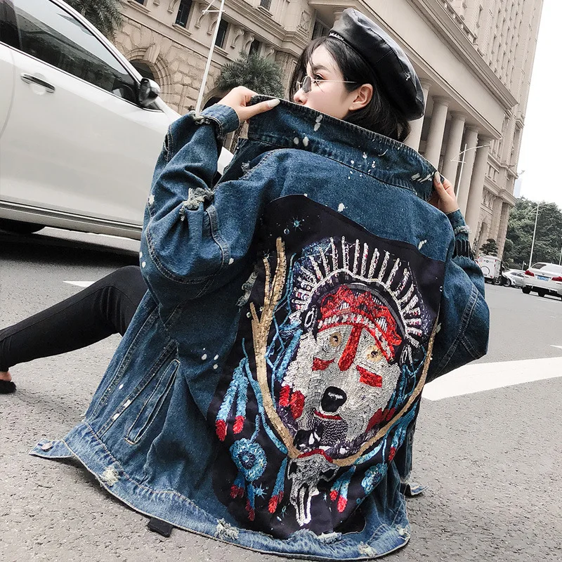 

Denim Jacket Women's Spring and Autumn New Large Size BF Wind Heavy Industry Beaded Wolf Totem Sequins Ripped Top Tide